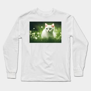 Cute white cat with blue eyes at nature Long Sleeve T-Shirt